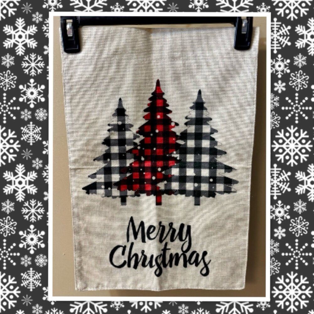 Christmas Garden Flag Featuring Three Patterned Holiday Pine Tree